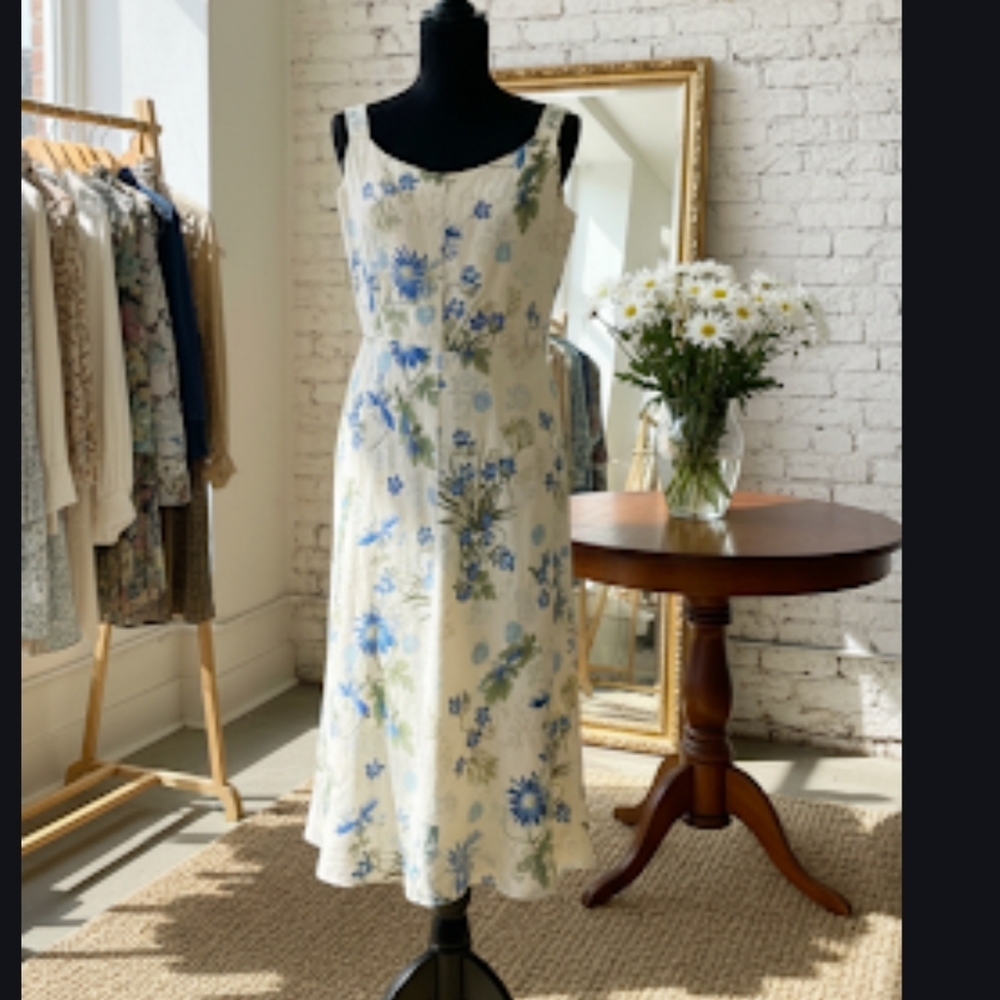 Vintage Jonathen Martin Sz 10 Beige Blue Green Floral Summer Fit & Flare Dress